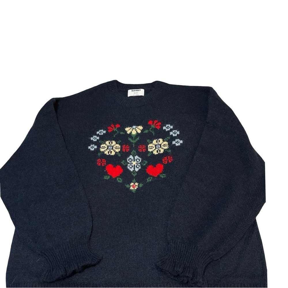 NWT! Old Navy, NAVY Blue  Floral Heart Crewneck Sweater w/ Red & Cream Motif,XXL - Picture 3 of 12